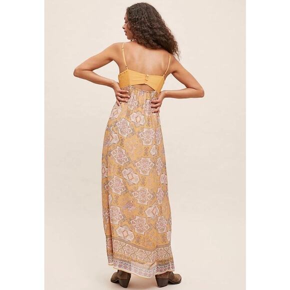 Anthropologie Calida Maxi Dress Size 4P Dark Yellow Print Festival Boho Vacation - Picture 3 of 14